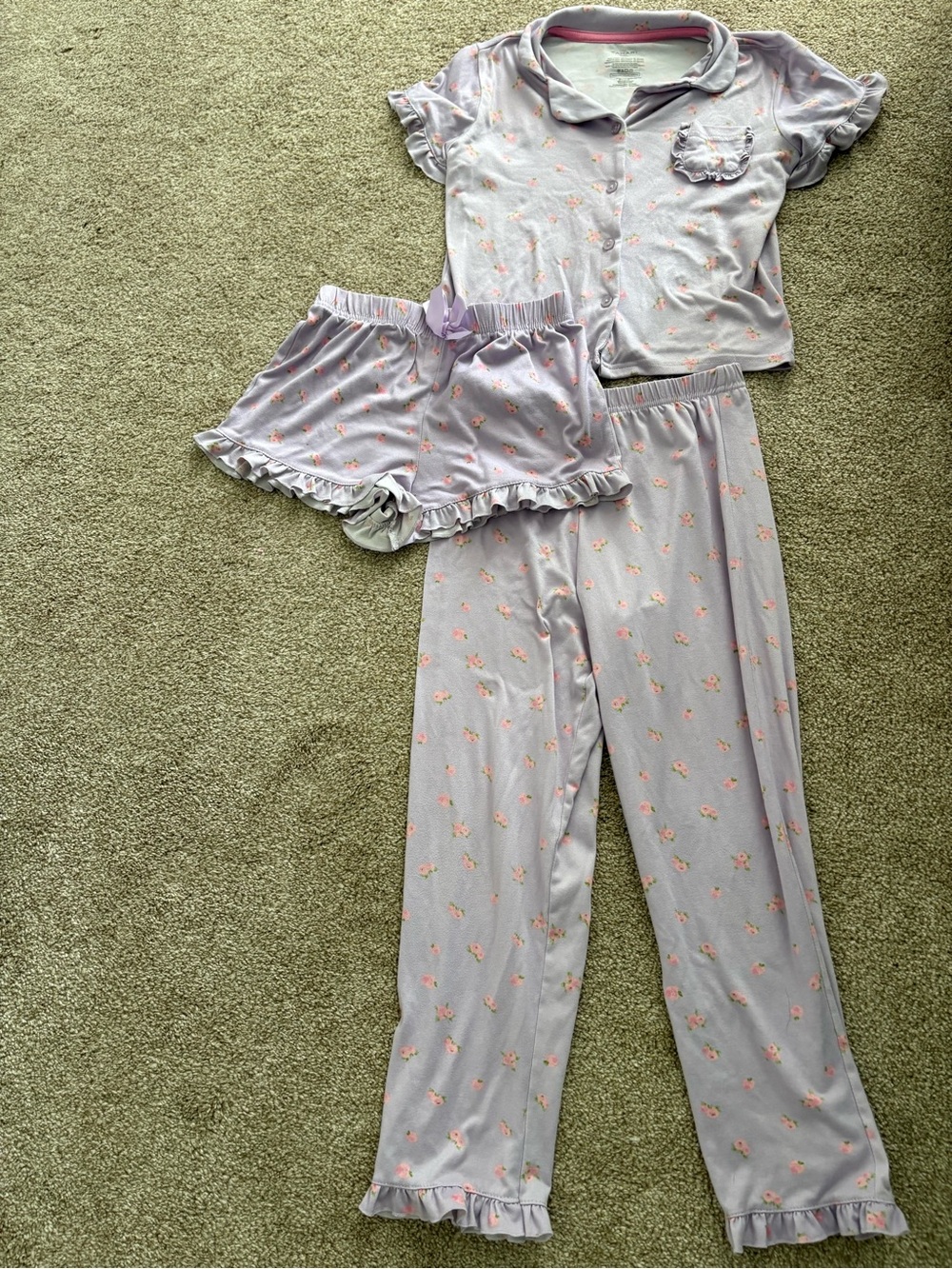 Cozy Girls' Lavender Floral 3-Piece Pajama Set Button Up Ruffles Size 7/8 Lounge